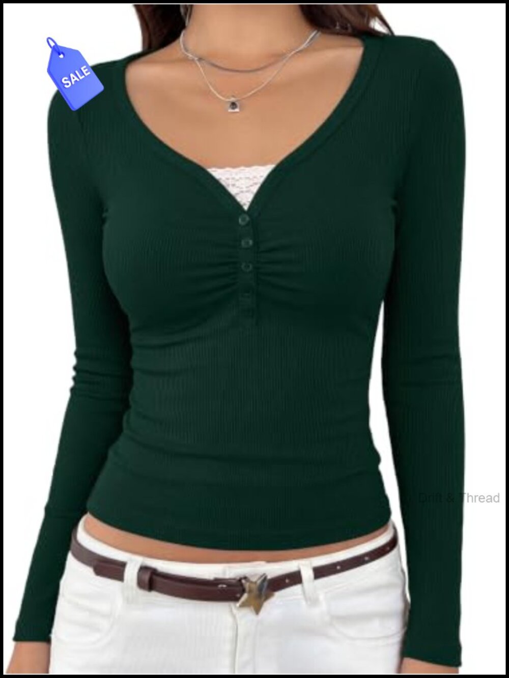 Women's Ribbed Henley Top V Neck Lace Long Sleeve Going Out Shirt
